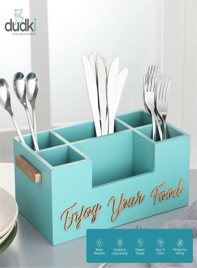 dudki Wooden Dining table Organizer | Cutlery holder | Decorative Caddy Box | Multipurpose (Aqua) - Image 5